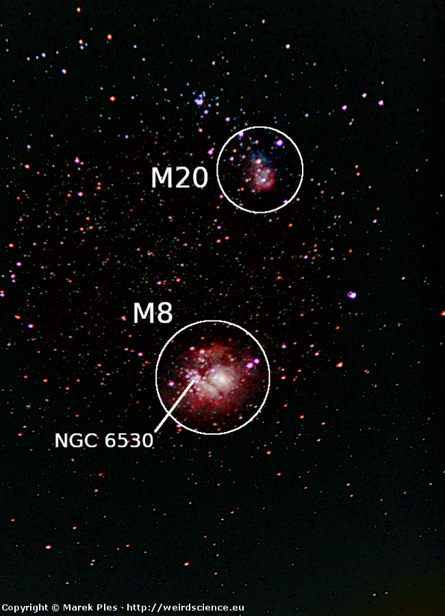 Ilustracja do artykułu "M8, M20 i M23 - Mgławica Laguna, Mgławica Trójlistna Koniczyna i pobliska gromada otwarta"